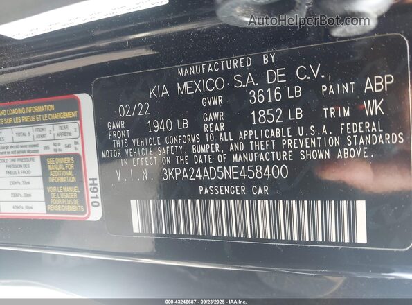 3KPA24AD5NE458400 2022 KIA RIO Black 