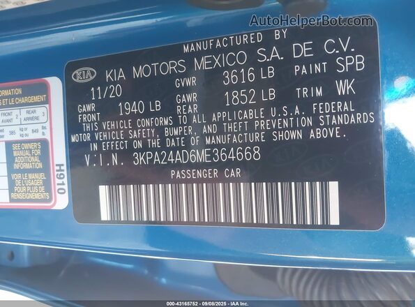 3KPA24AD6ME364668 2021 KIA RIO Blue Շարժիչի բաժամունքի տեսք