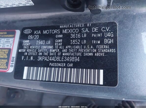 3KPA24AD8LE349894 2020 KIA RIO Gray Widok komory silnika