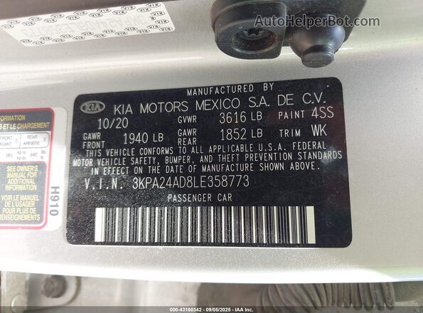 3KPA24AD8LE358773 2020 KIA RIO Серебряный Вид подкапотного пространства