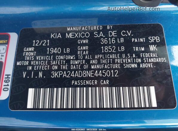3KPA24AD8NE445012 2022 KIA RIO Синий Вид подкапотного пространства