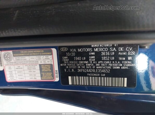 3KPA24AD9LE354652 2020 KIA RIO Blue Vista del compartimento del motor