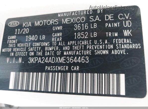 3KPA24ADXME364463 2021 KIA RIO White Вид підкапотного простору