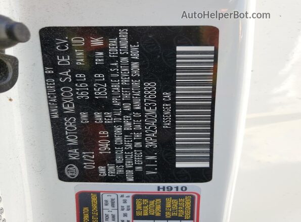 3KPA25AD2ME376838 2021 KIA RIO White VIN կոդի պիտակի տեսք
