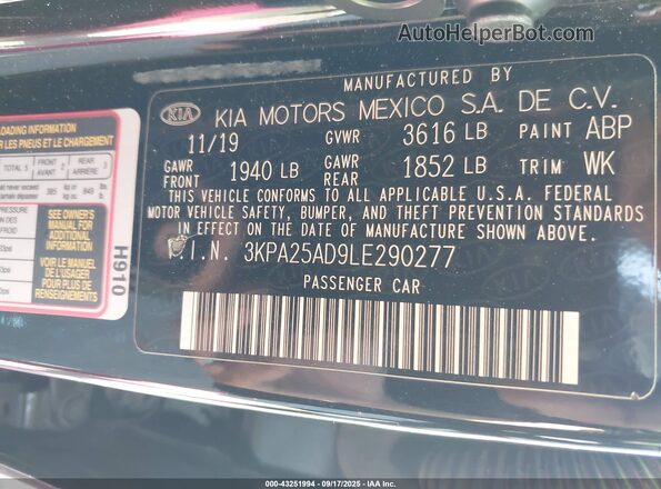 3KPA25AD9LE290277 2020 KIA RIO 5-DOOR Black ძრავის განყოფილების ხედი