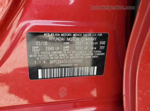3KPC24A39JE016603 2018 HYUNDAI ACCENT Red 