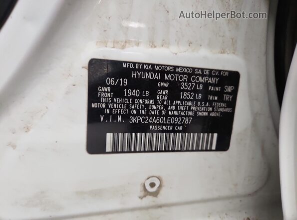 3KPC24A60LE092787 2020 HYUNDAI ACCENT White Widok naklejki z numerem VIN