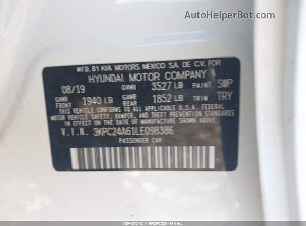 3KPC24A61LE098386 2020 HYUNDAI ACCENT White Вид підкапотного простору