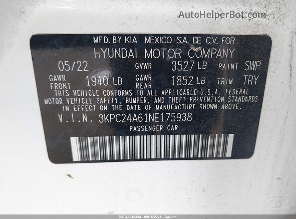 3KPC24A61NE175938 2022 HYUNDAI ACCENT Белый Вид подкапотного пространства