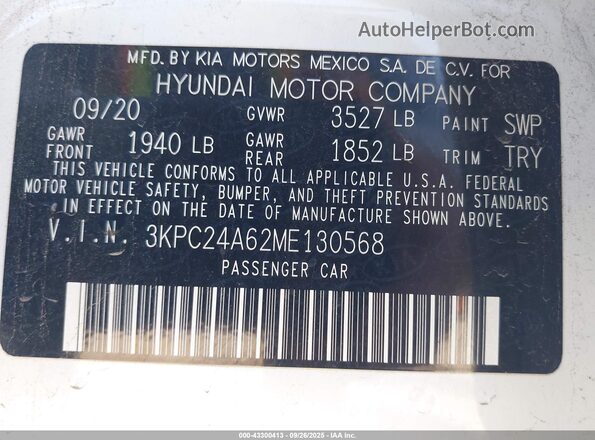 3KPC24A62ME130568 2021 HYUNDAI ACCENT White Շարժիչի բաժամունքի տեսք