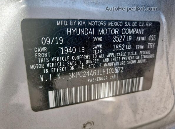 3KPC24A63LE103572 2020 HYUNDAI ACCENT Silver ძრავის განყოფილების ხედი