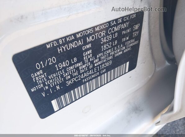 3KPC24A64LE118369 2020 HYUNDAI ACCENT White Widok komory silnika