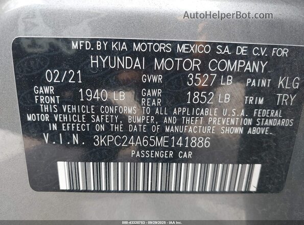 3KPC24A65ME141886 2021 HYUNDAI ACCENT Gray Շարժիչի բաժամունքի տեսք