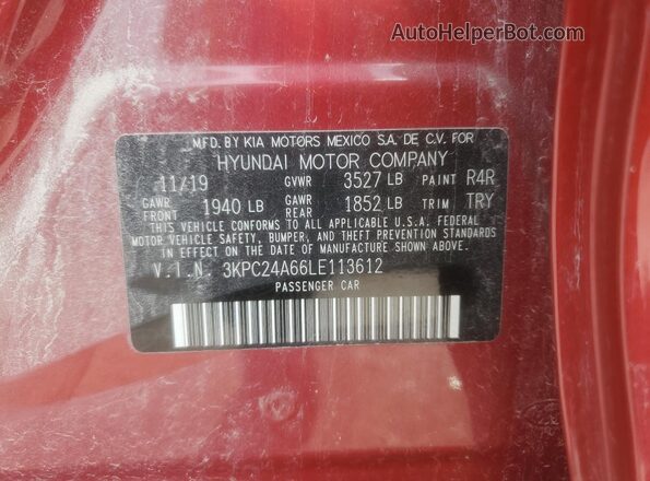 3KPC24A66LE113612 2020 HYUNDAI ACCENT Red Вид наклейки з VIN-кодом