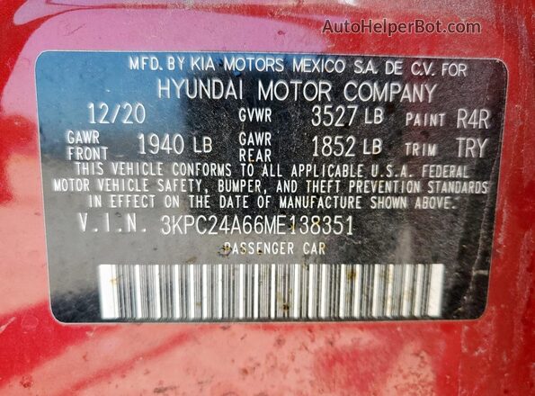 3KPC24A66ME138351 2021 HYUNDAI ACCENT Red 
