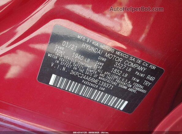 3KPC24A66ME139371 2021 HYUNDAI ACCENT Красный Вид подкапотного пространства