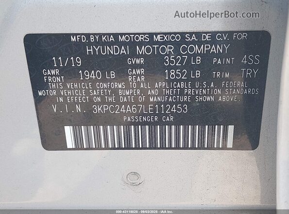 3KPC24A67LE112453 2020 HYUNDAI ACCENT Silver Vista del compartimento del motor