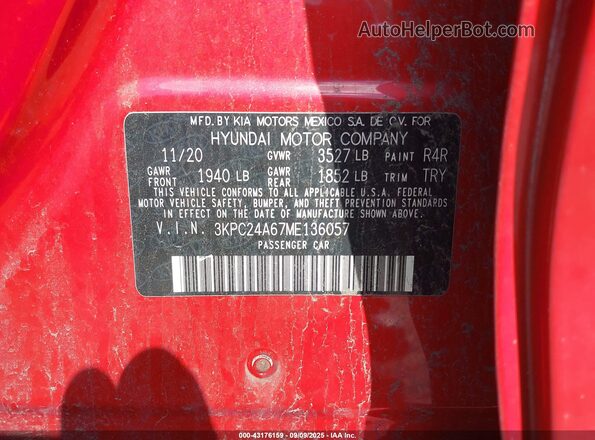 3KPC24A67ME136057 2021 HYUNDAI ACCENT Red Շարժիչի բաժամունքի տեսք