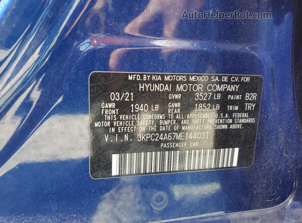 3KPC24A67ME144031 2021 HYUNDAI ACCENT Blue Engine compartment view