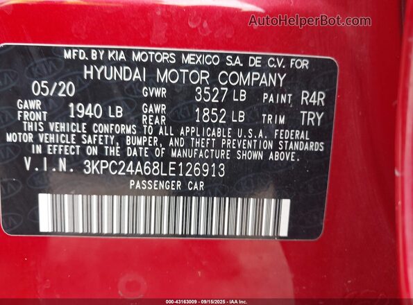 3KPC24A68LE126913 2020 HYUNDAI ACCENT Red Вид підкапотного простору