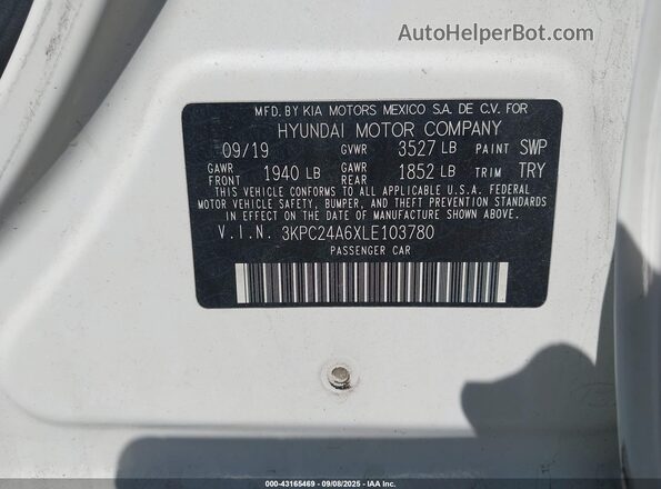 3KPC24A6XLE103780 2020 HYUNDAI ACCENT White ძრავის განყოფილების ხედი