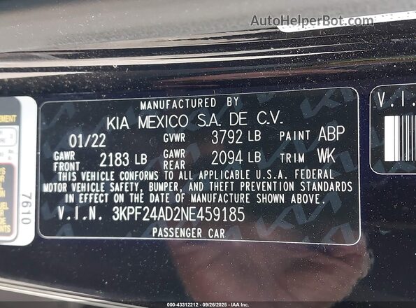 3KPF24AD2NE459185 2022 KIA FORTE Black Engine compartment view