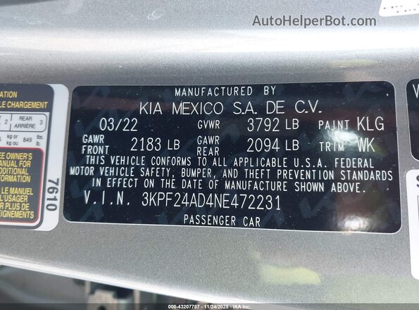 3KPF24AD4NE472231 2022 KIA FORTE Gray Engine compartment view