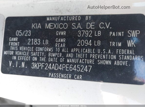 3KPF24AD4PE645247 2023 KIA FORTE White 