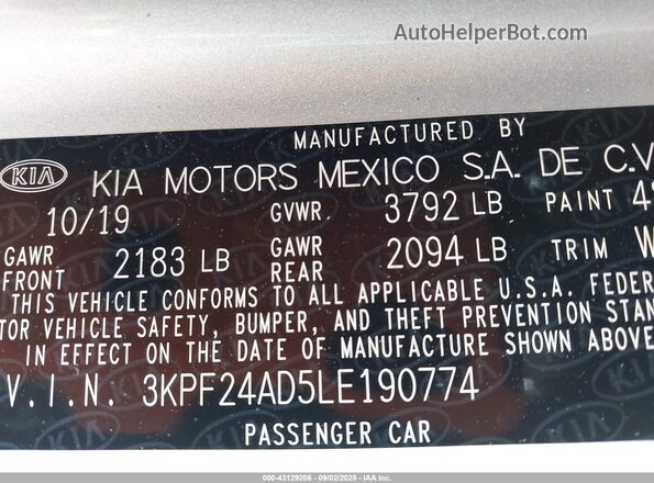 3KPF24AD5LE190774 2020 KIA FORTE Silver Widok komory silnika