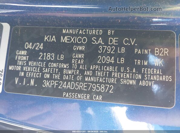 3KPF24AD5RE795872 2024 KIA FORTE Blue Շարժիչի բաժամունքի տեսք