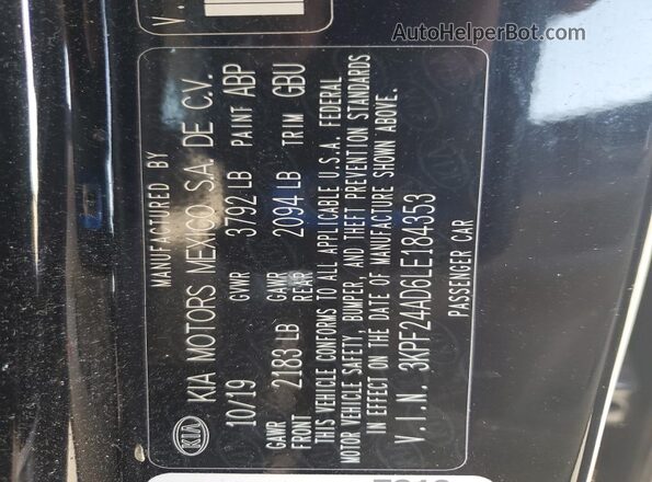 3KPF24AD6LE184353 2020 KIA FORTE Black Widok komory silnika