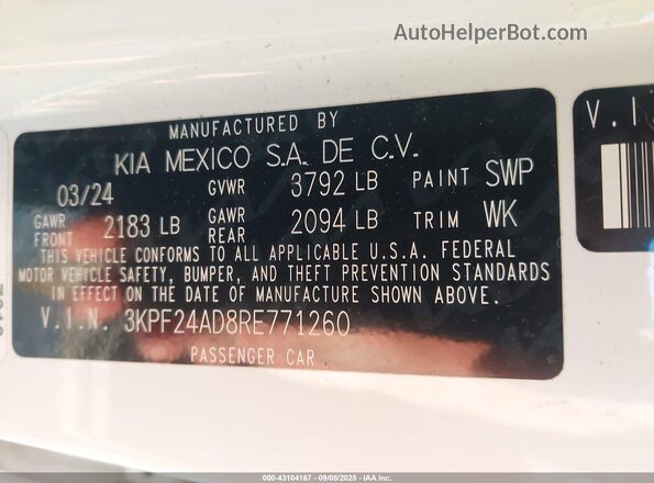 3KPF24AD8RE771260 2024 KIA FORTE White Vista del compartimento del motor