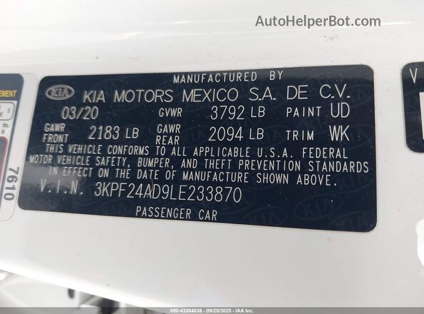 3KPF24AD9LE233870 2020 KIA FORTE White Вид підкапотного простору