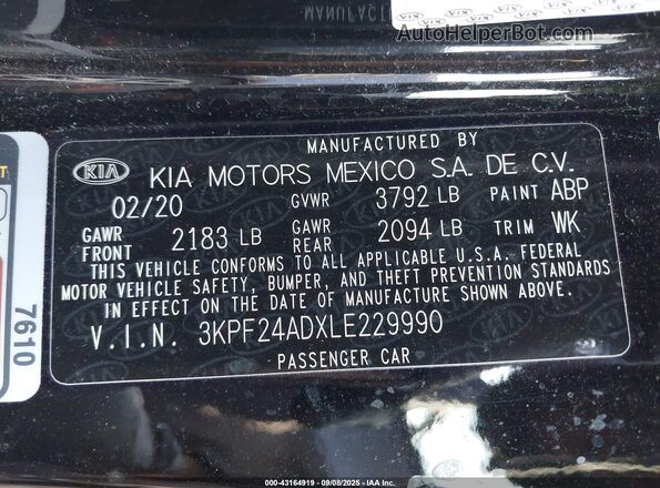 3KPF24ADXLE229990 2020 KIA FORTE Black Engine compartment view