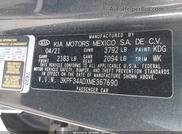 3KPF34ADXME367690 2021 KIA FORTE Gray Engine compartment view