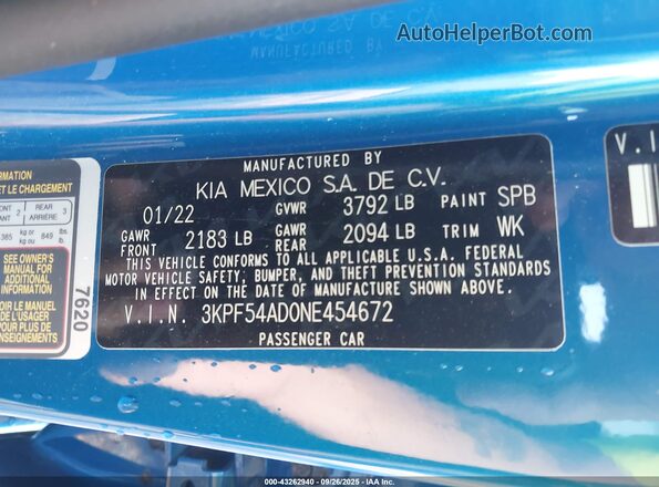 3KPF54AD0NE454672 2022 KIA FORTE Синий Вид подкапотного пространства