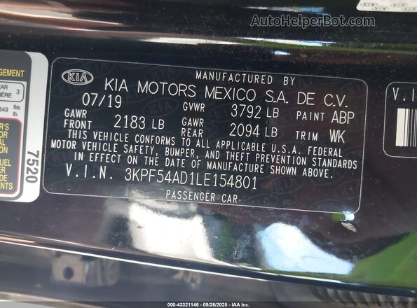 3KPF54AD1LE154801 2020 KIA FORTE Black Vista del compartimento del motor