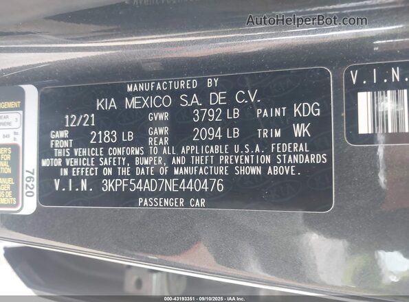 3KPF54AD7NE440476 2022 KIA FORTE Gray Engine compartment view
