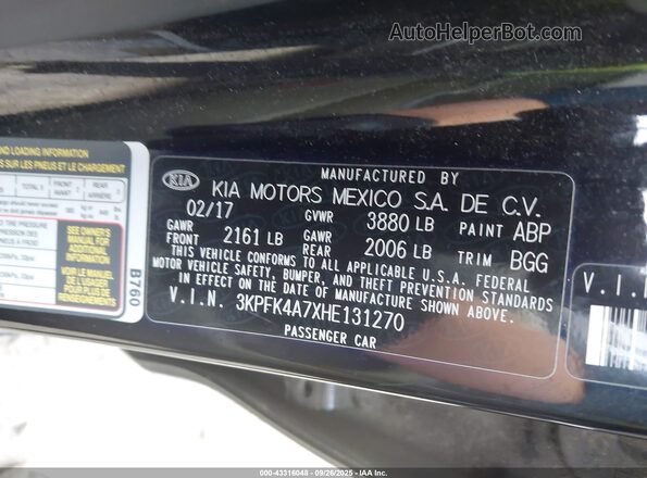 3KPFK4A7XHE131270 2017 KIA FORTE Black 