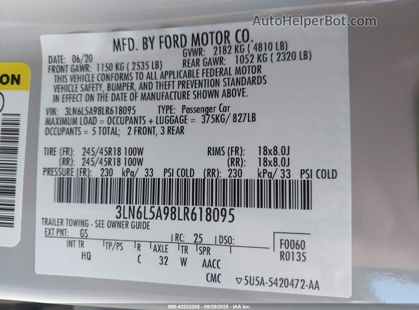 3LN6L5A98LR618095 2020 LINCOLN MKZ White Вид підкапотного простору
