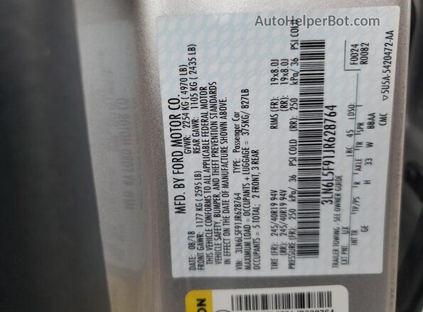 3LN6L5F91JR628764 2018 LINCOLN MKZ Серебряный 