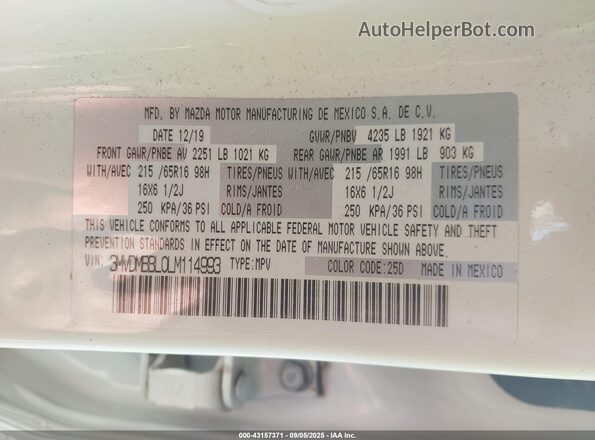 3MVDMBBL0LM114993 2020 MAZDA CX-30 White Вид підкапотного простору