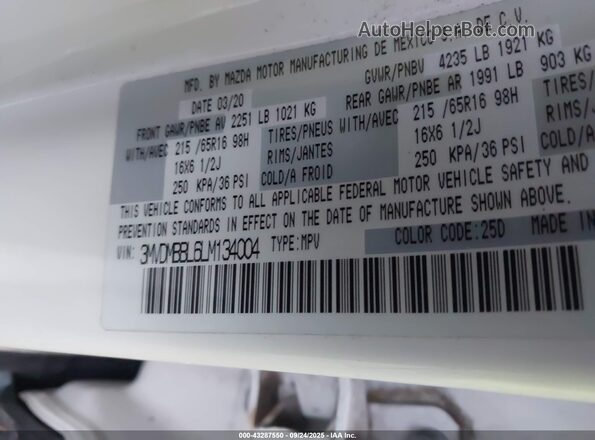 3MVDMBBL6LM134004 2020 MAZDA CX-30 White 