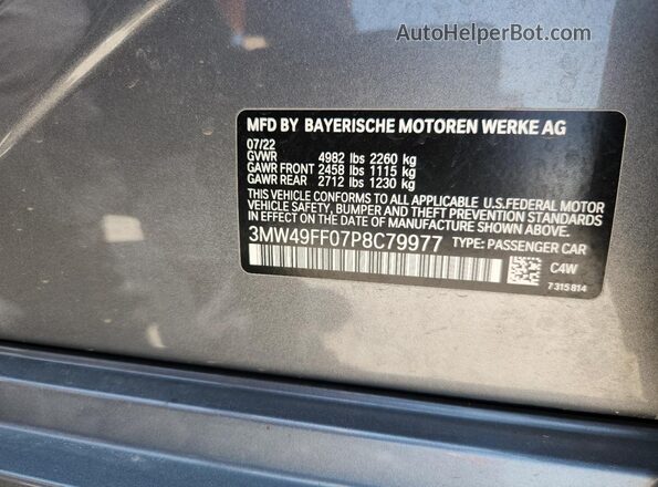 3MW49FF07P8C79977 2023 BMW M3 Серый Вид наклейки с VIN-кодом