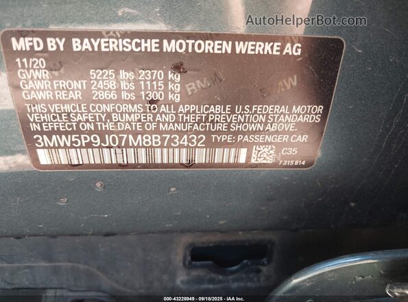 3MW5P9J07M8B73432 2021 BMW 7 SERIES Blue Вид підкапотного простору