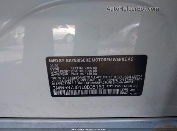 3MW5R7J01L8B35160 2020 BMW 3 SERIES White Widok komory silnika