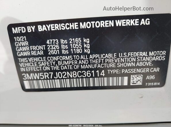 3MW5R7J02N8C36114 2022 BMW 3 SERIES White Вид підкапотного простору