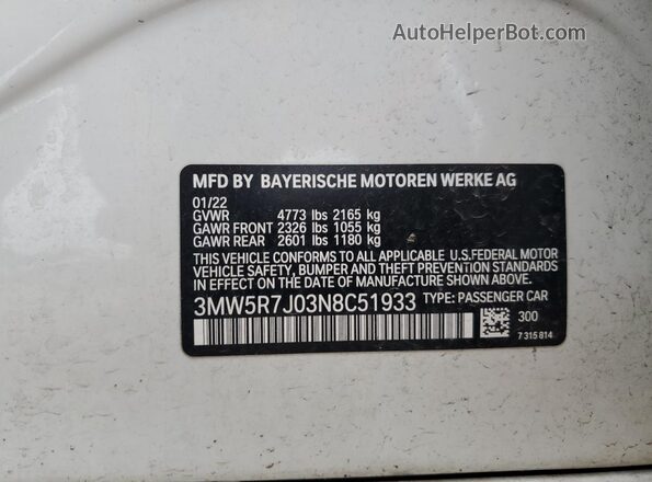 3MW5R7J03N8C51933 2022 BMW 3 SERIES White VIN კოდის სტიკერის ხედი