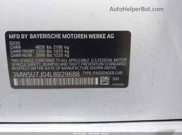 3MW5U7J04L8B29688 2020 BMW 3 SERIES White Engine compartment view