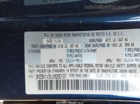 3MZBN1V3XJM265197 2018 MAZDA 3 Синий 